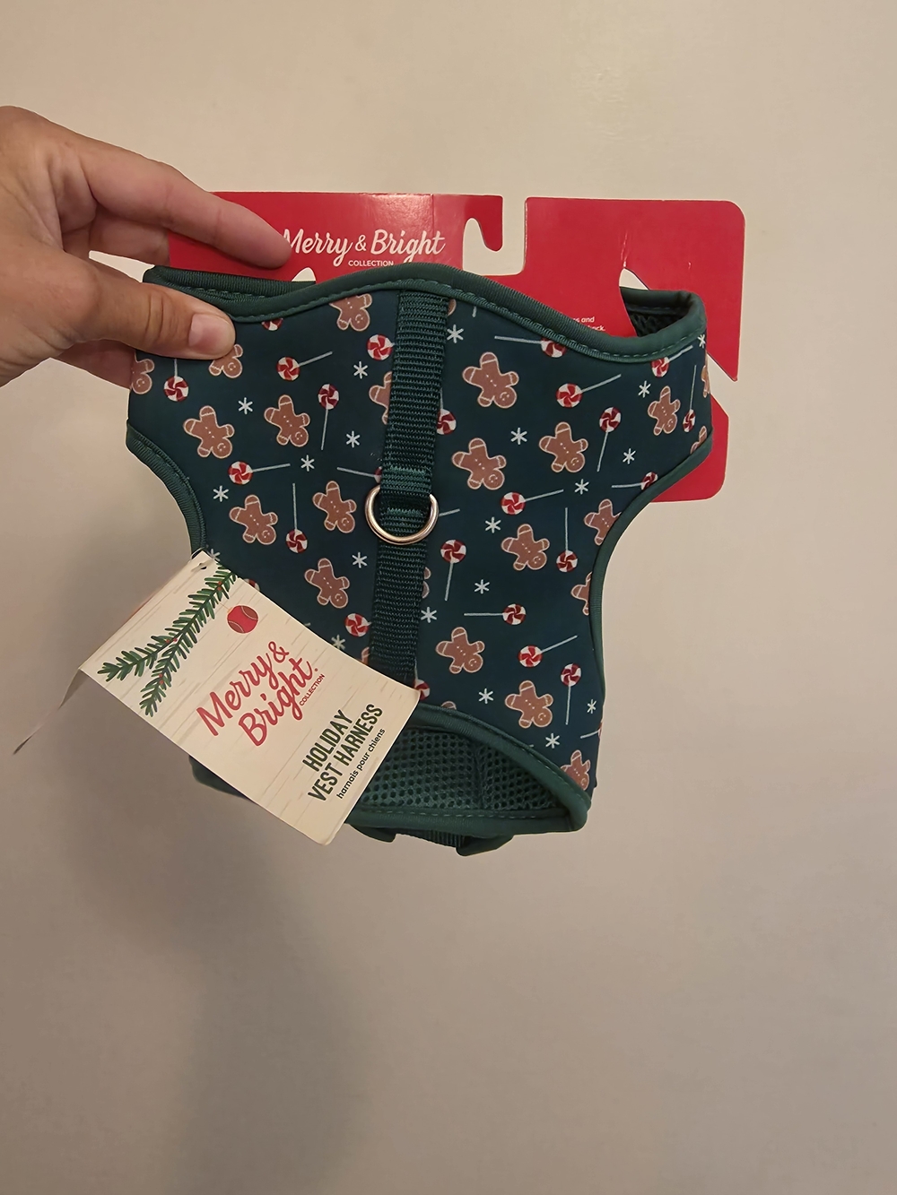 Merry & Bright Holiday Dog Harness - Green Gingerbread Print